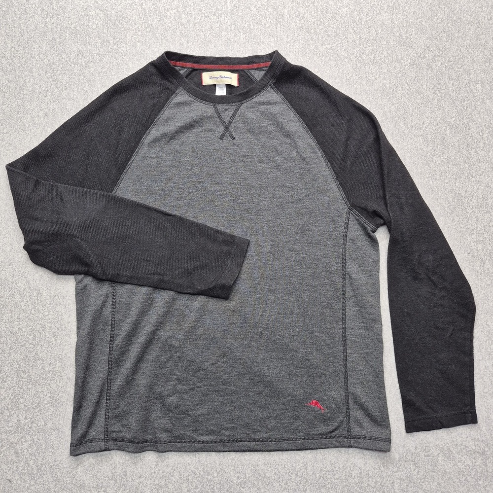 Tommy Bahama Shirt Mens L Gray Long Sleeve Pullover Cotton Blend Marlin Logo